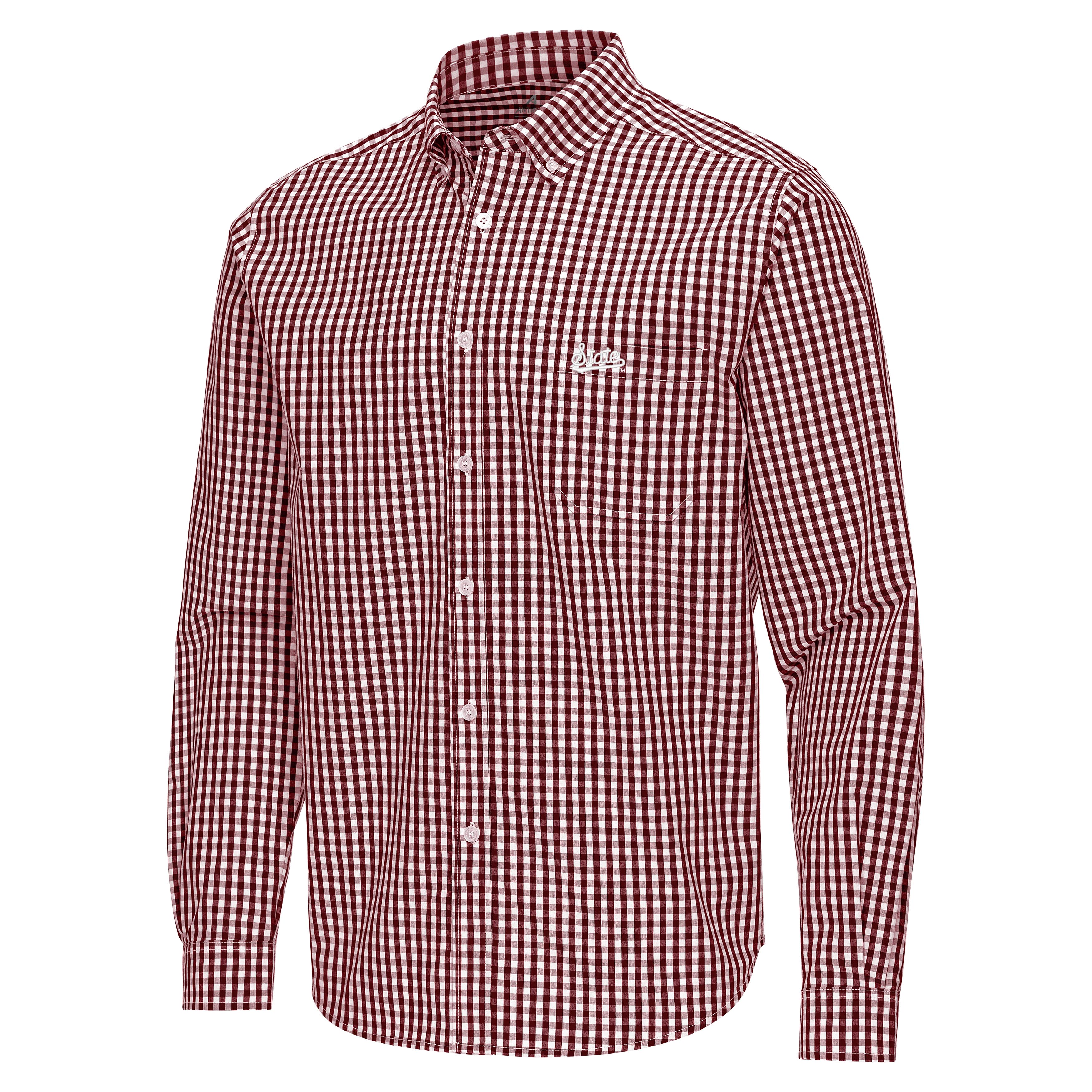 Antigua Mississippi State Maroon and White Checkered Button Down with State Script