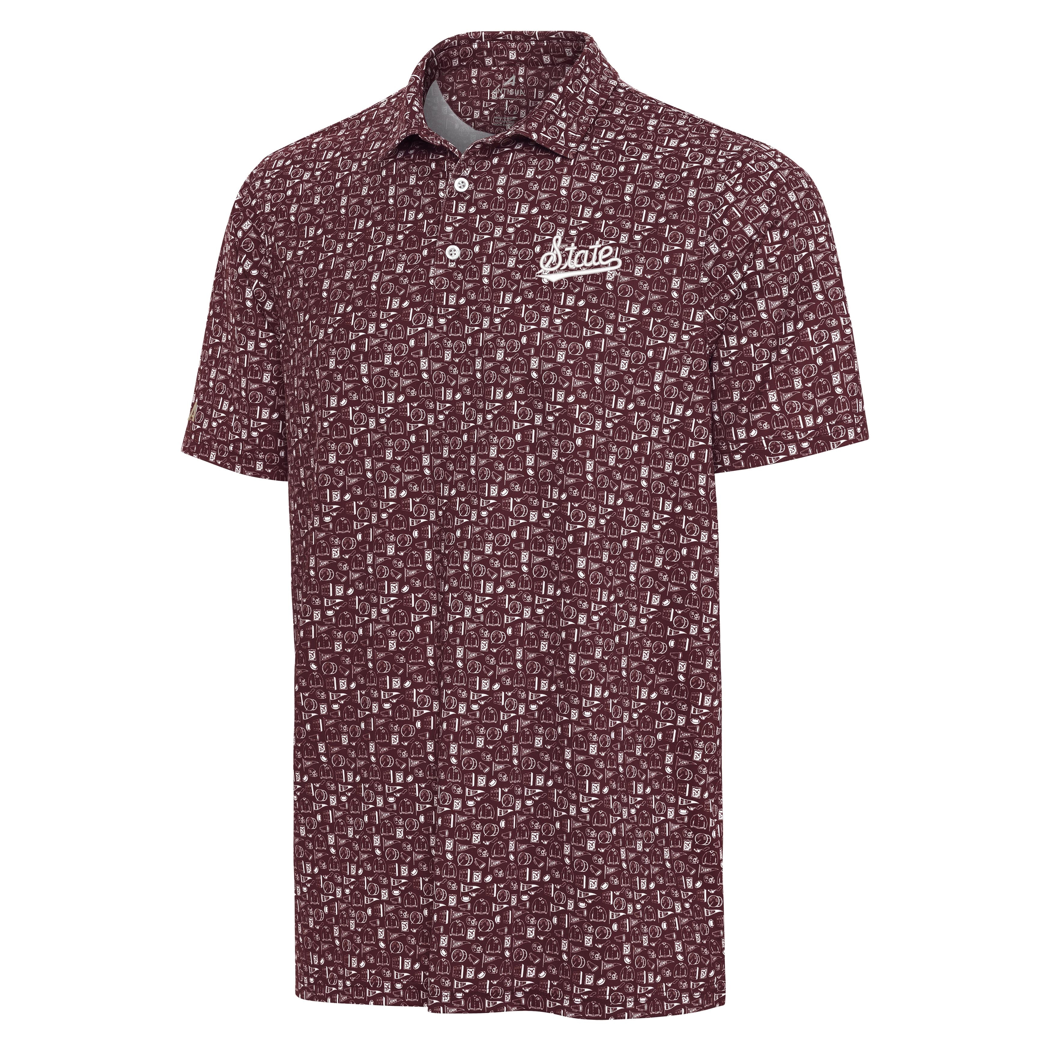 Mississippi State University Polo - Maroon with All Over Design and State Script Logo