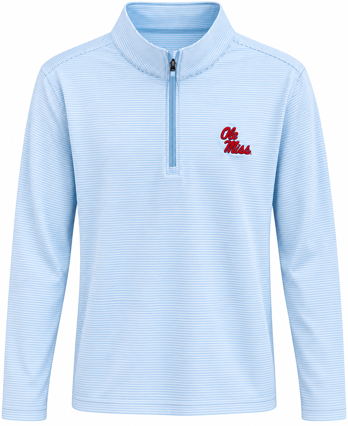Turtleson Ole Miss "Collier" Stripe 1/4 Zip - Powder Blue and White with Stack Script