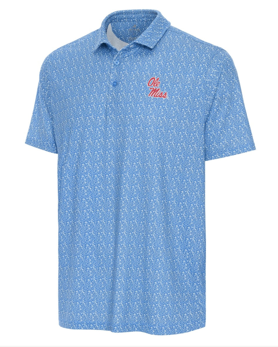 Antigua Ole Miss "Botanical" Polo - Powder Blue with Stack Script