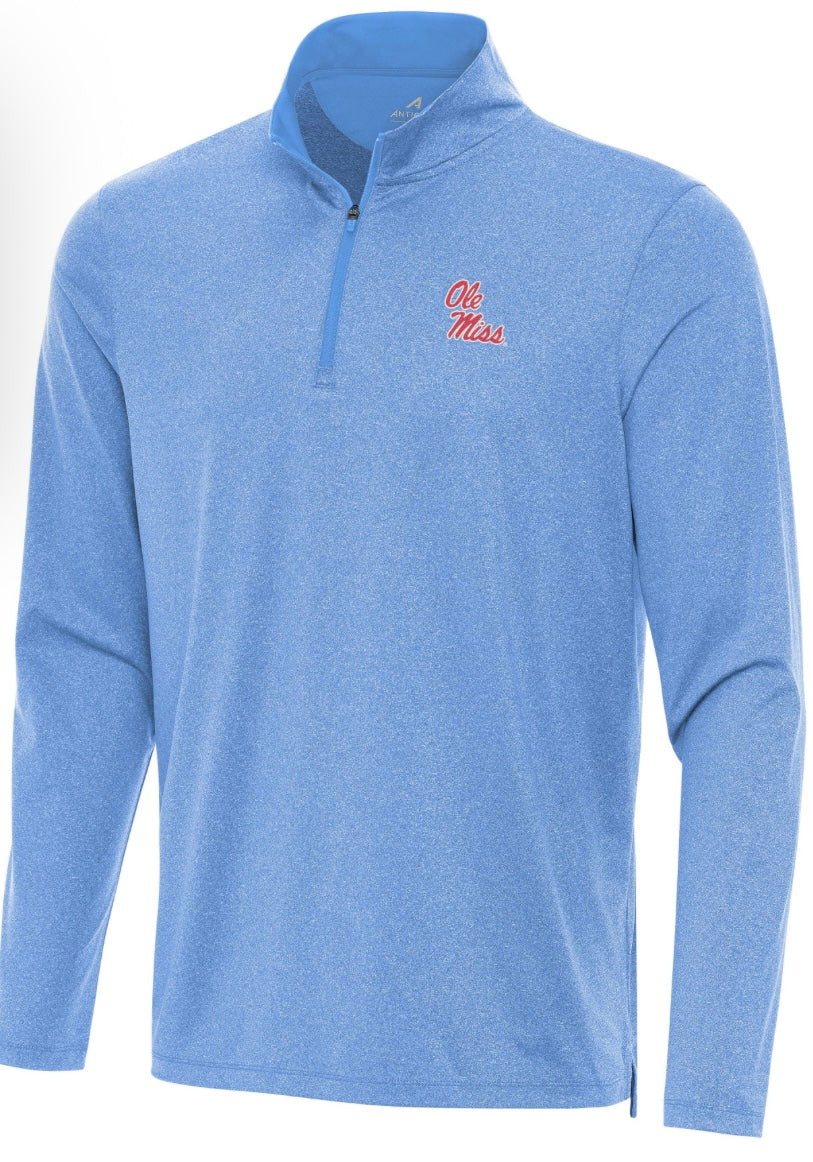 Antigua Ole Miss Kinetic 1/4 Zip Pullover - Powder Blue with Stack Script
