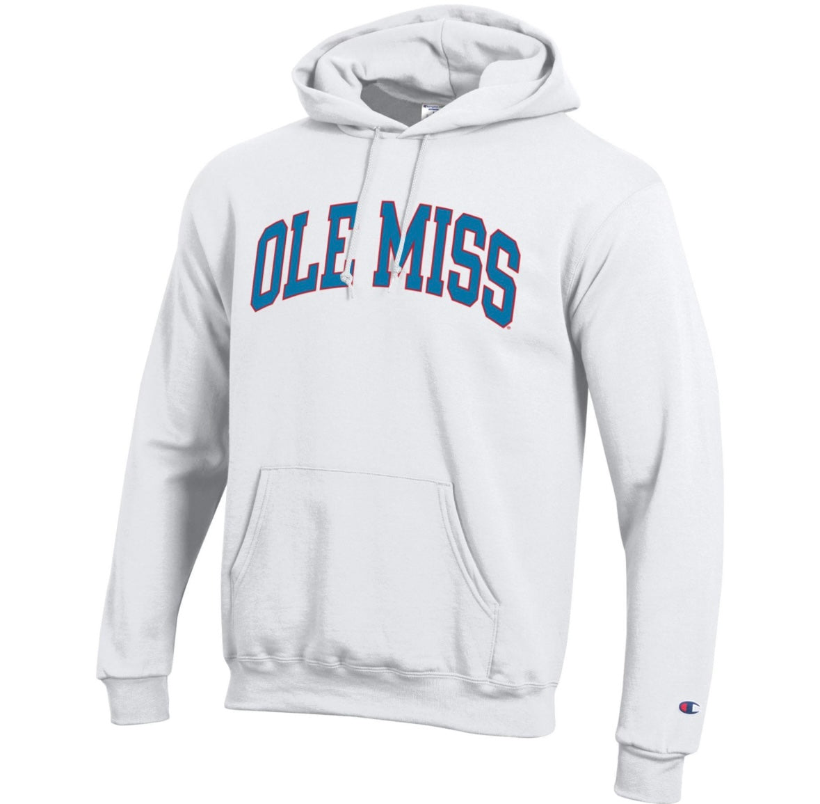 Champion Ole Miss White Hoodie with Ole Miss in Powder Blue