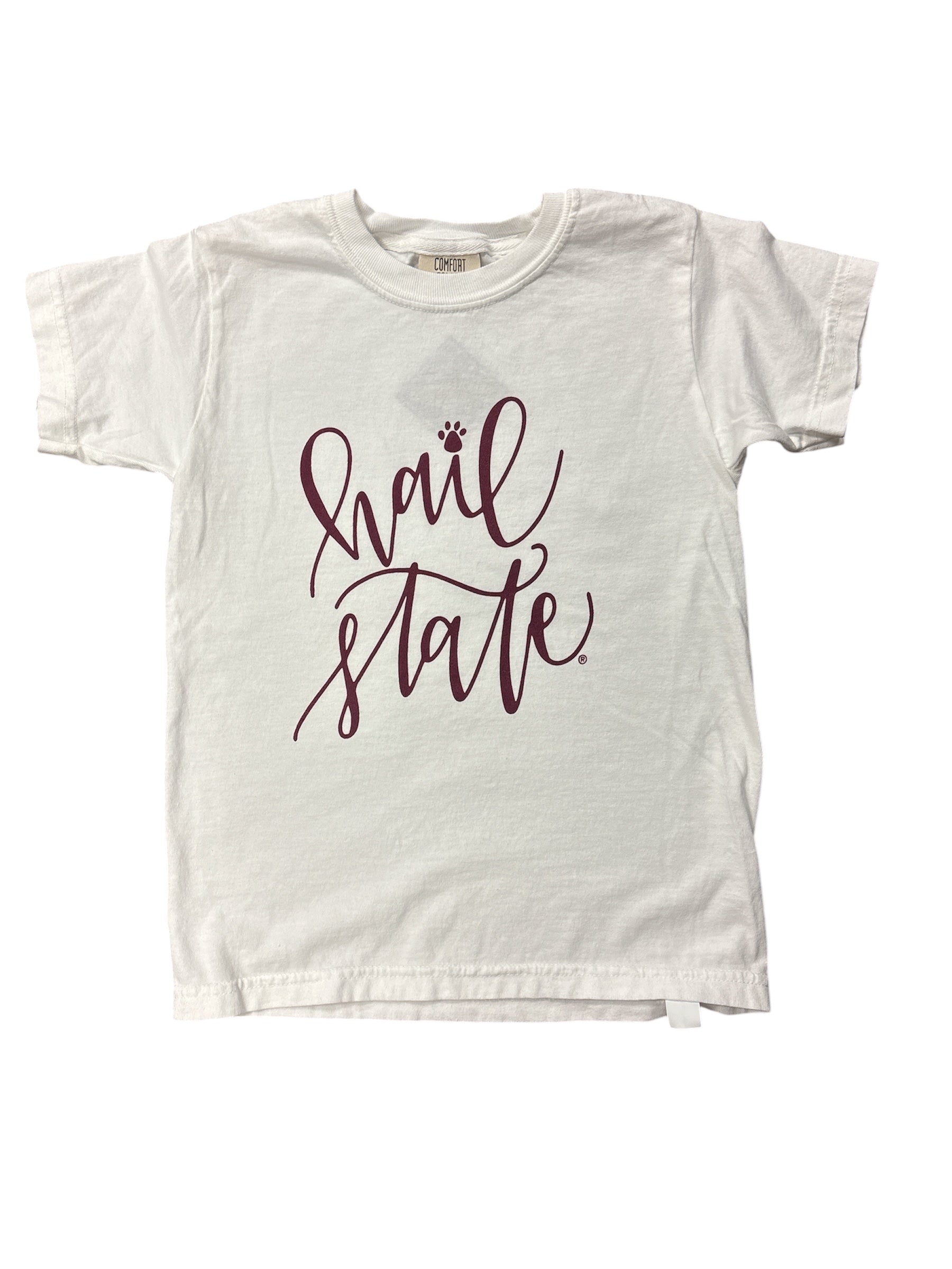 Comfort Color Youth White Tee With Maroon "Hail State" Script