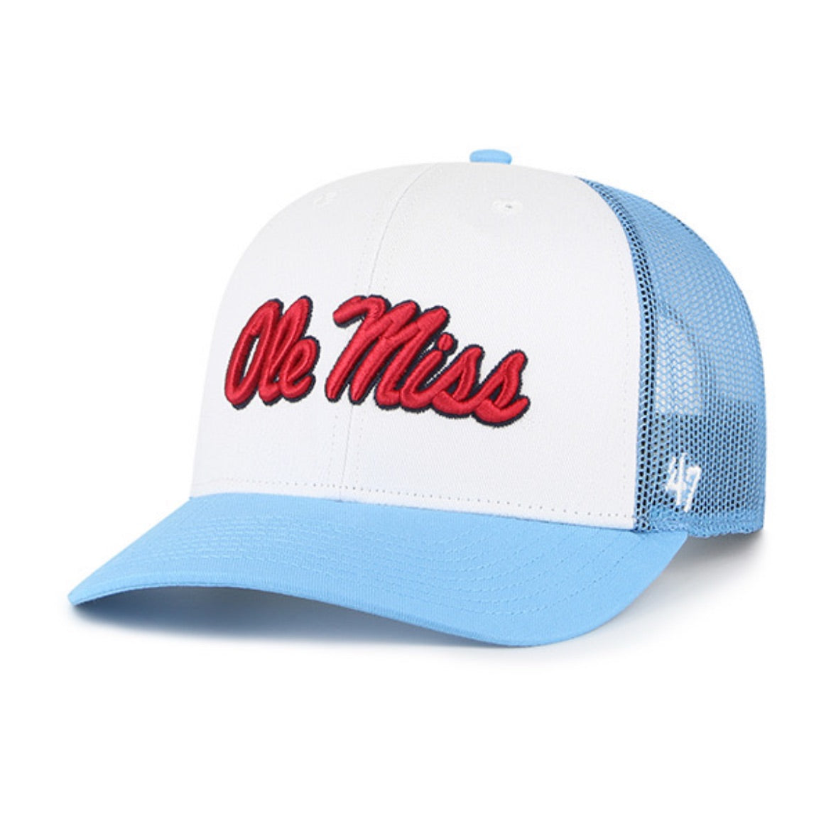 47 Brand Ole Miss Trucker Hat - Powder Blue with Red Ole Miss Script