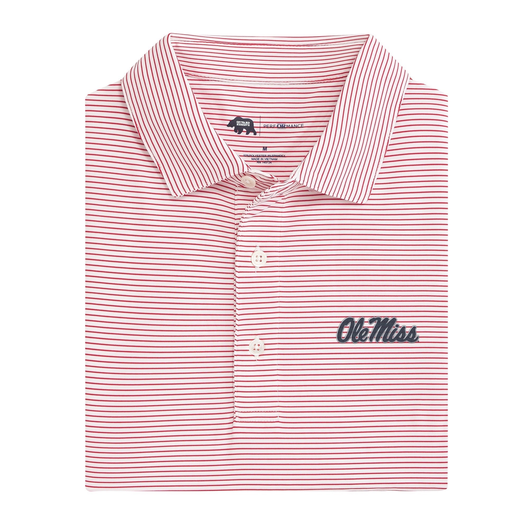 Ole Miss Birdie Stripe Performance Polo - Red and White with Ole Miss Script