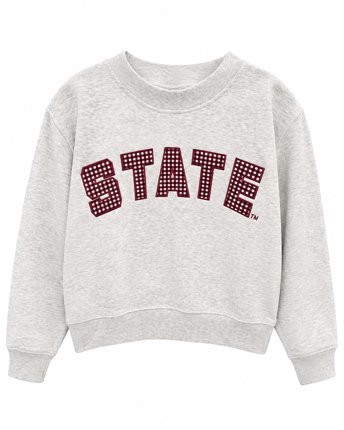 Mississippi State "Mallory Gingham" Mockneck Sweatshirt - Ash with Maroon and White Appliqué State
