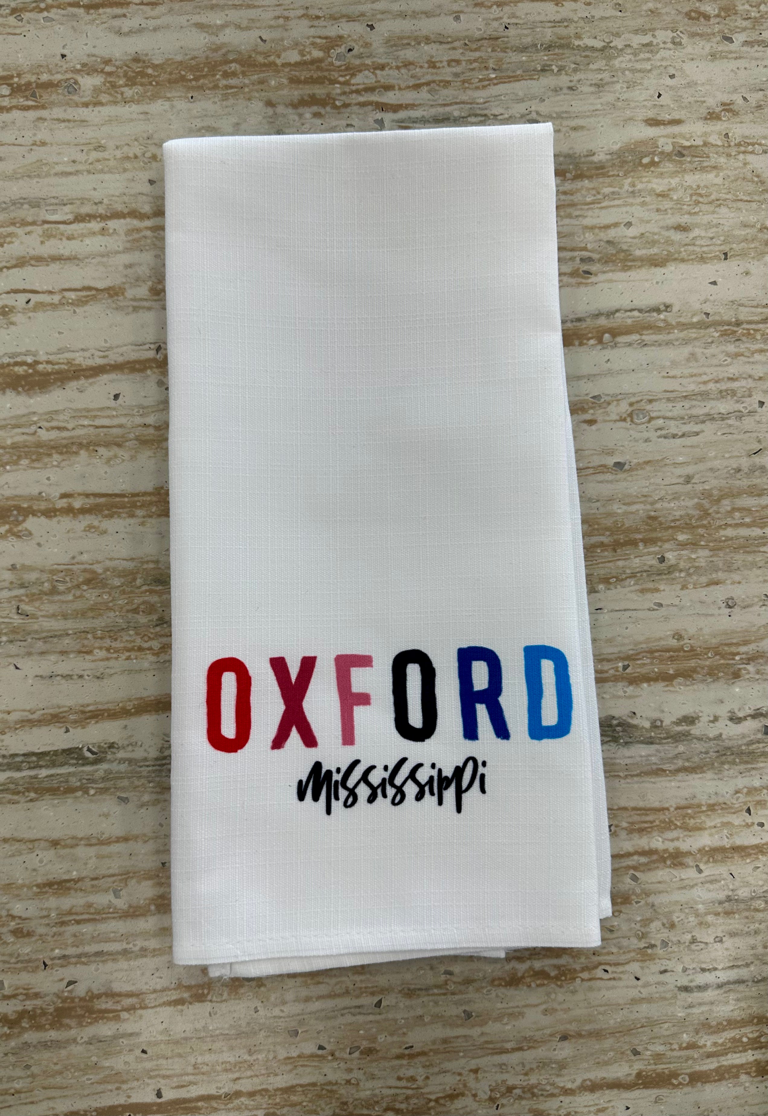 Little Birdie Collegiate Tones City Script Oxford MS Tea Towel - Ole Miss Decor