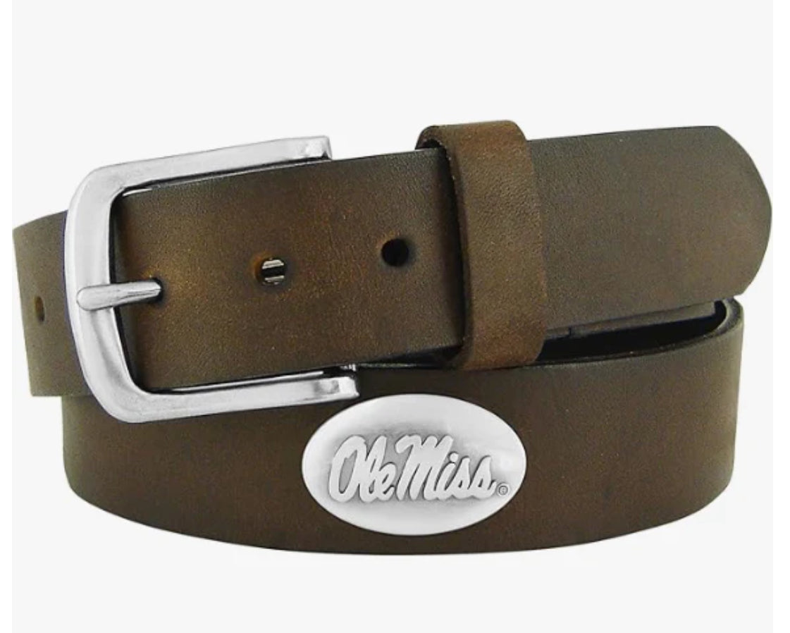 Zep Pro Youth Brown Leather Belt with Ole Miss Logo