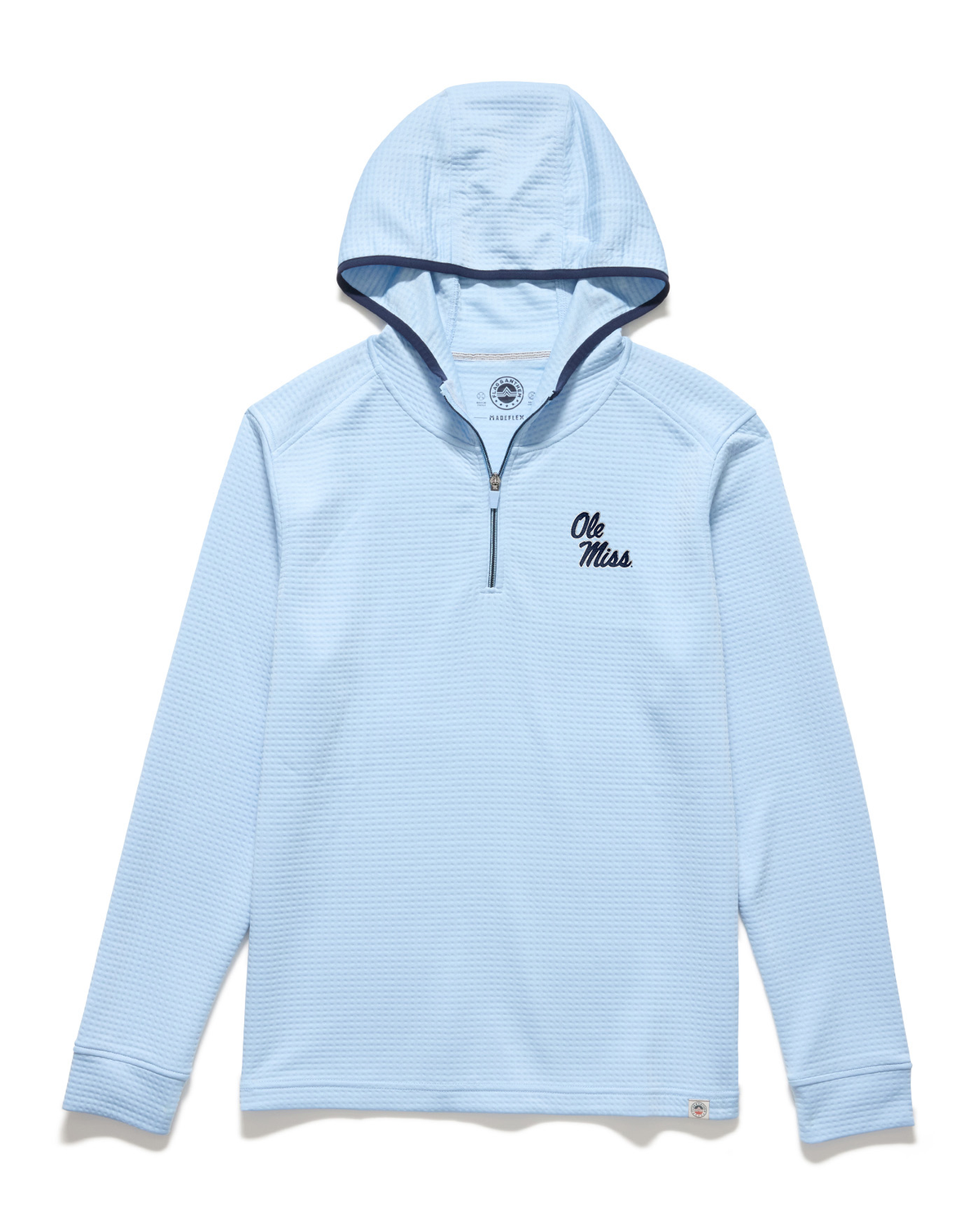 Flag and Anthem 1/4 zip light blue hoodie ( navy Ole Miss stack script)