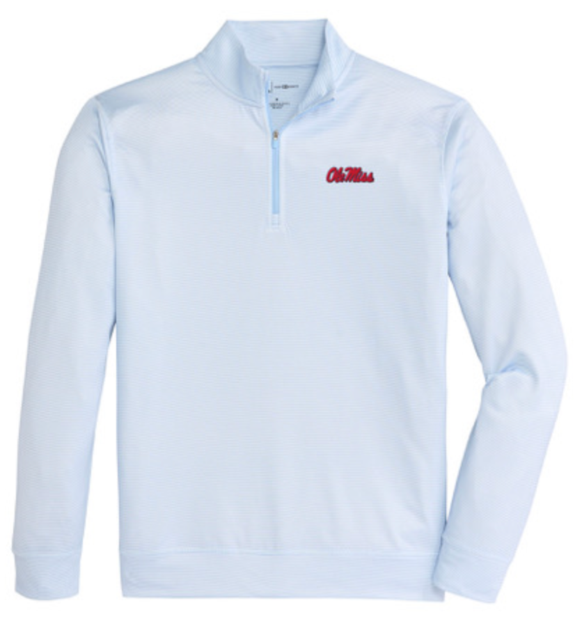 Onward Reserve Ole Miss Hairline Stripe Printed Performance 1/4 Zip - Powder Blue and White Stripe with Ole Miss Script