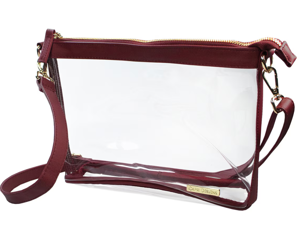 Large Crossbody Clear Purse with Maroon and Gold Accents