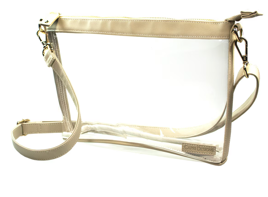 Large Clear Crossbody Purse with Tan and Gold Accents