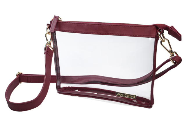 Small Clear Crossbody Purse with Maroon and Gold Accents