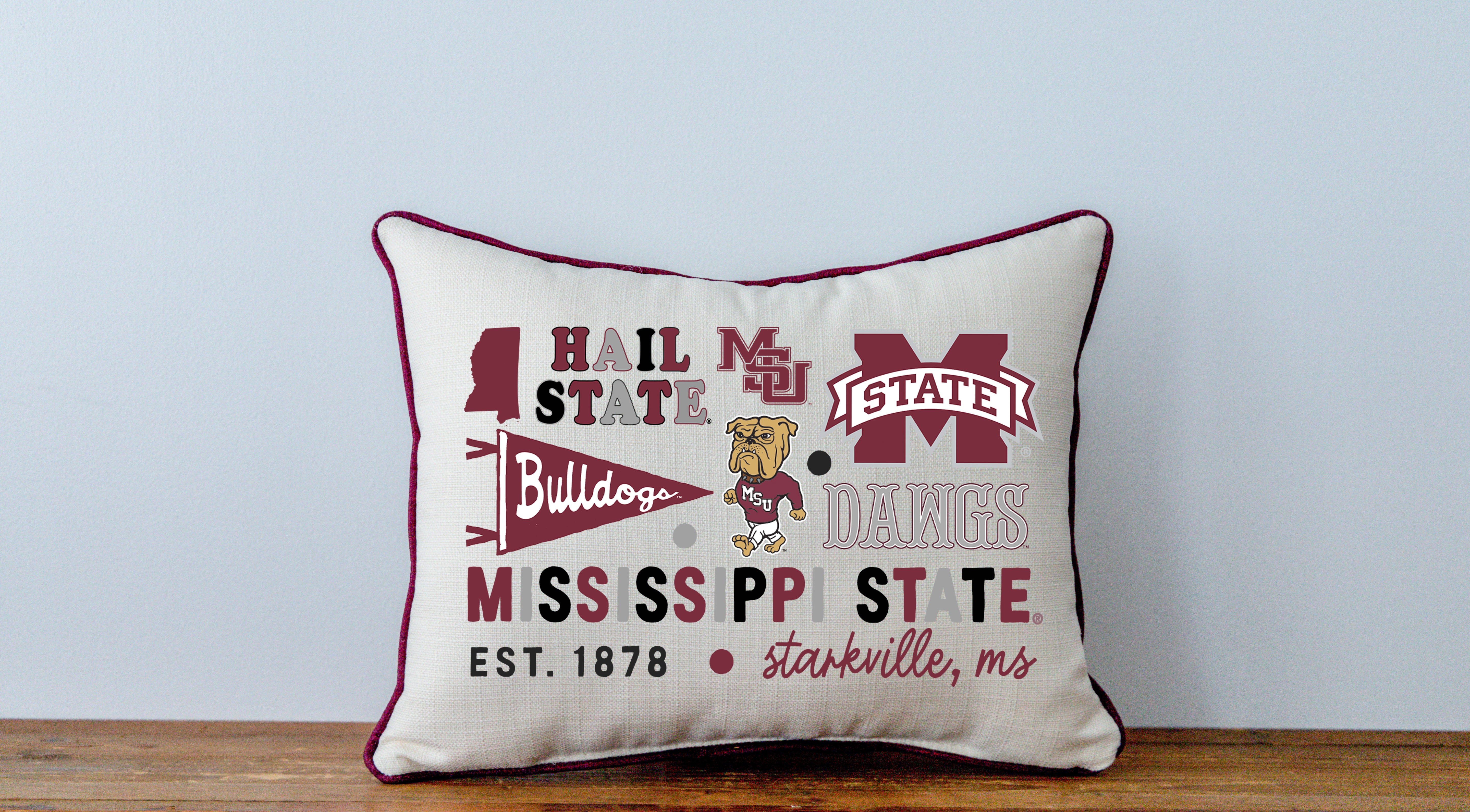 Little Birdie Mississippi State Double Sided Cluster Pillow with Maroon Piping