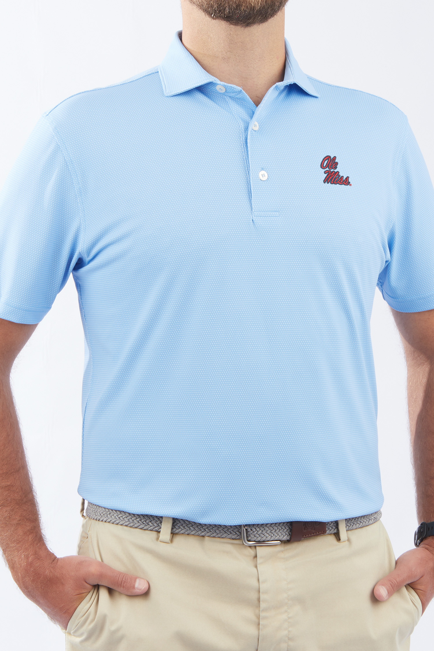 Ole Miss "Alex" Performance Polo - Powder Blue and White with Ole Miss Stack Script