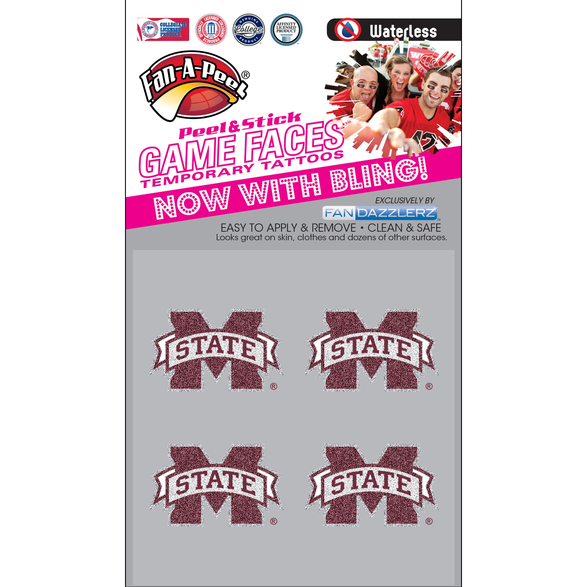 Mississippi State Glitter Peel and Stick Temporary Tattoos - 4 Pack