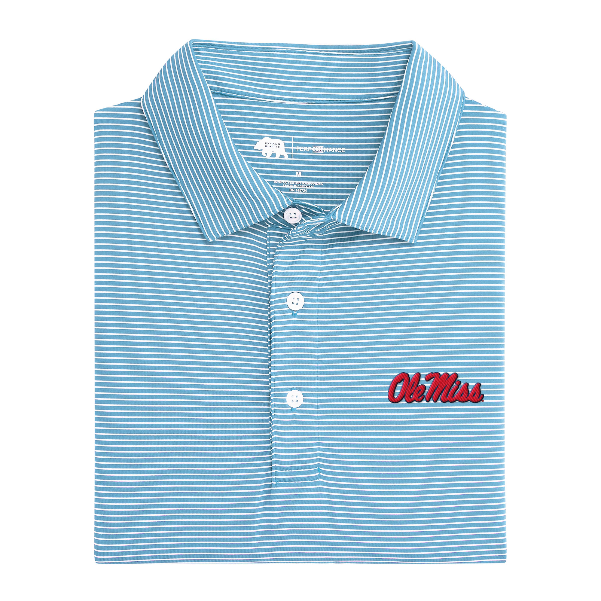 Ole Miss Stripe Birdie Performance Polo - Powder Blue and White with Ole Miss Script