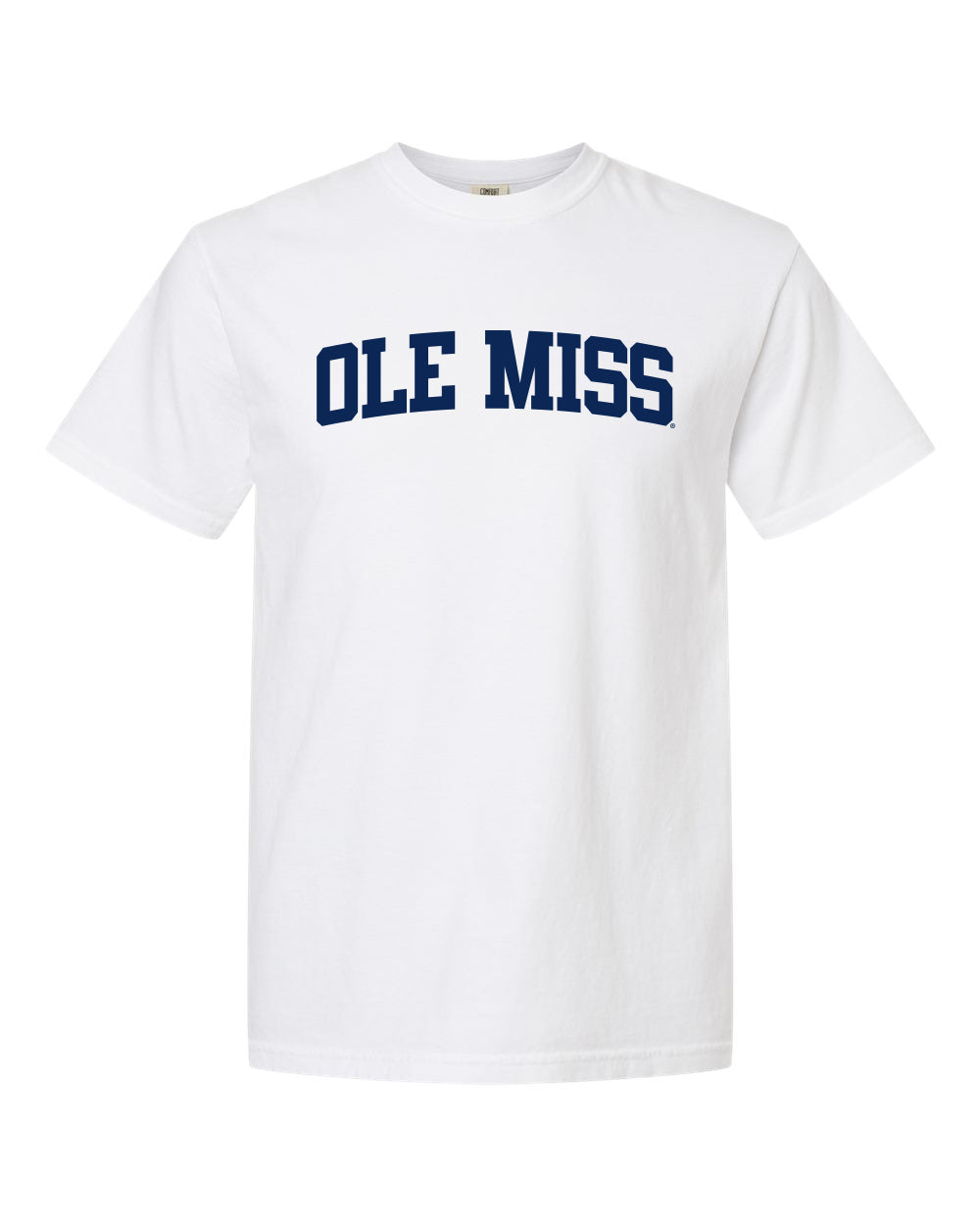 White Comfort Color Navy Writing Ole Miss Tee