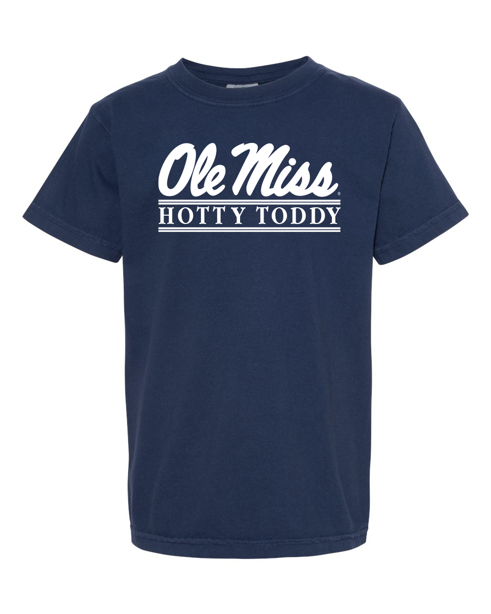 Comfort Color Navy Tee With Ole Miss Script Bar Design