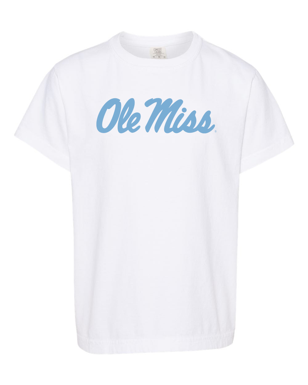 Comfort Color White Youth Tee with Powder Blue Ole Miss Script