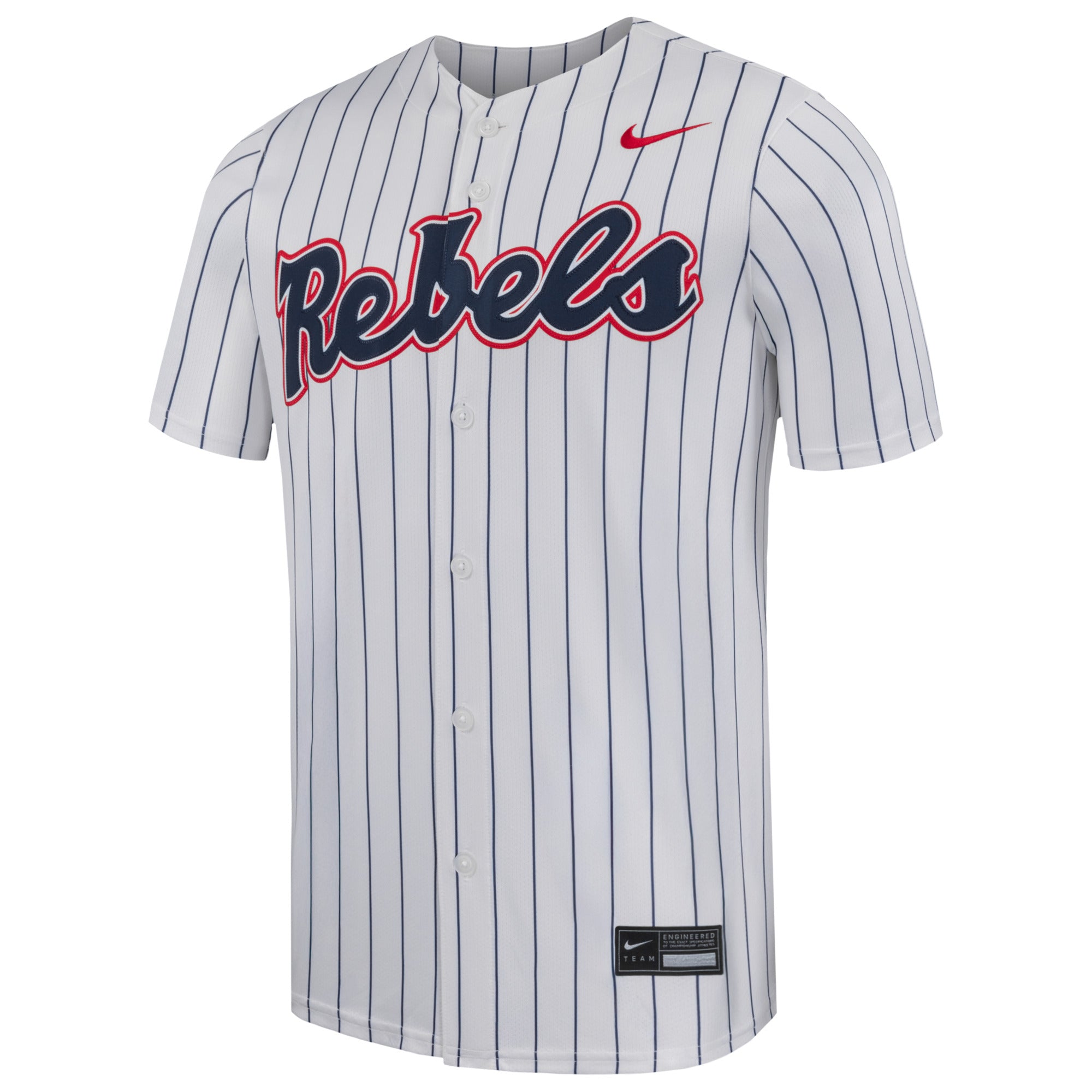 Nike Ole Miss Limited Full Button Pinstripe Baseball Jersey with Rebels Script