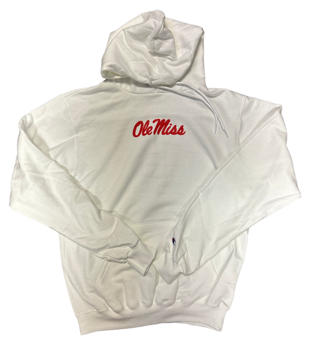 Champion White Hoodie with Red Ole Miss Script