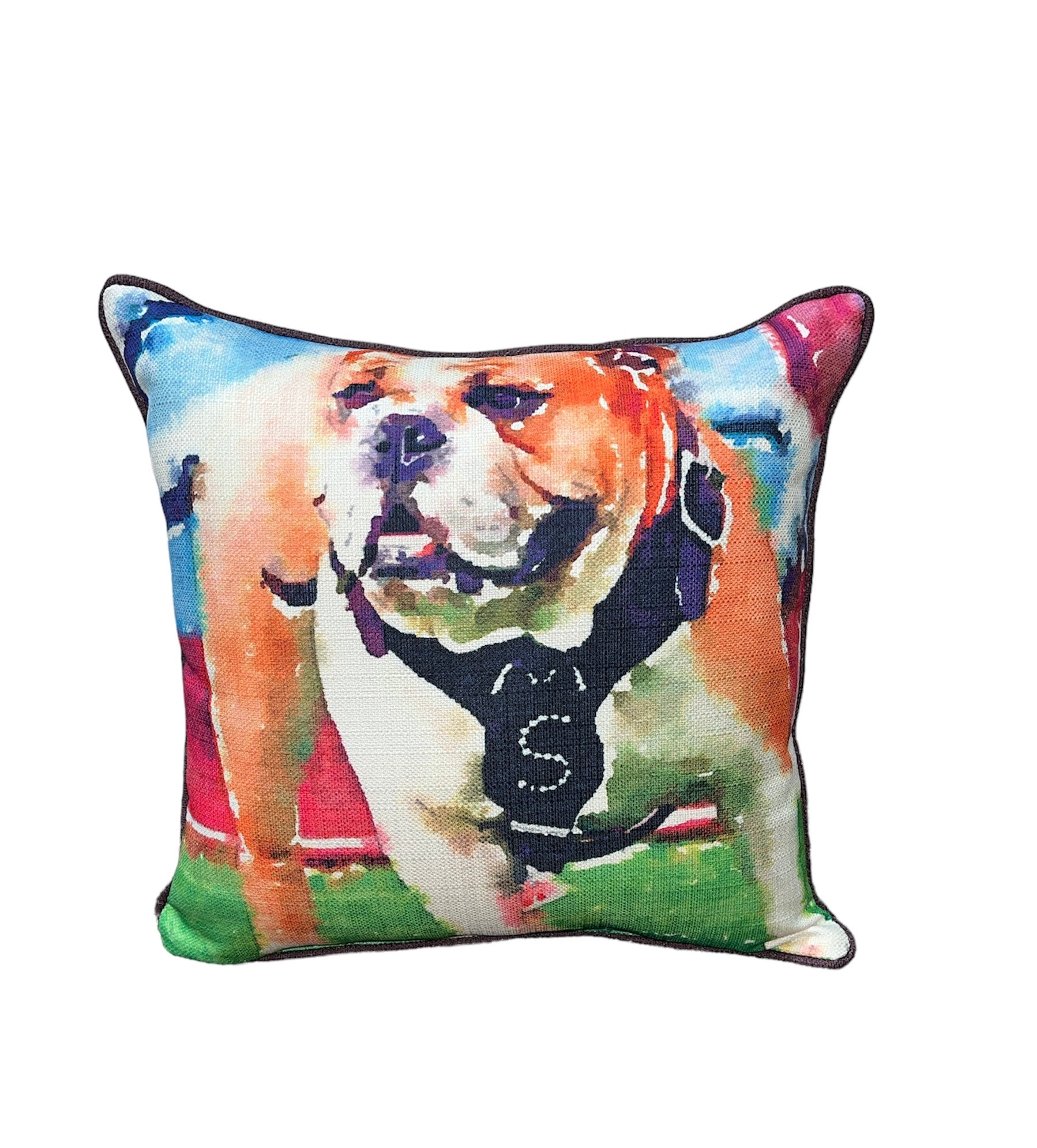 Little Birdie Watercolor Full-Body Bulldog Pillow + Maroon Piping