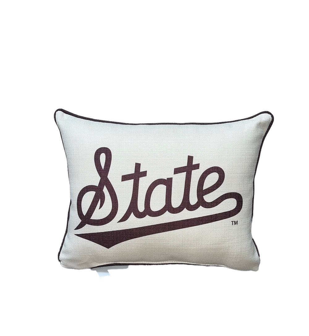 Little Birdie State Script Pillow With Maroon Piping