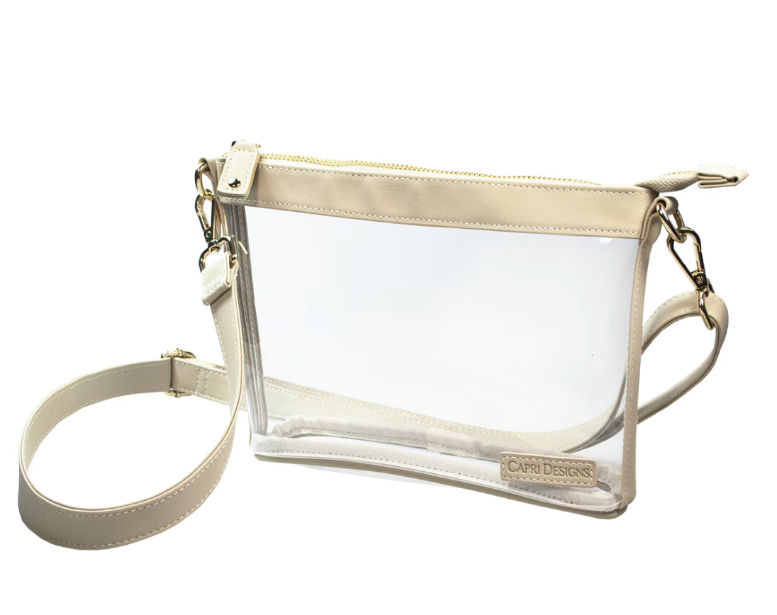 Capri Designs Small Clear Crossbody with Tan and Gold Accents
