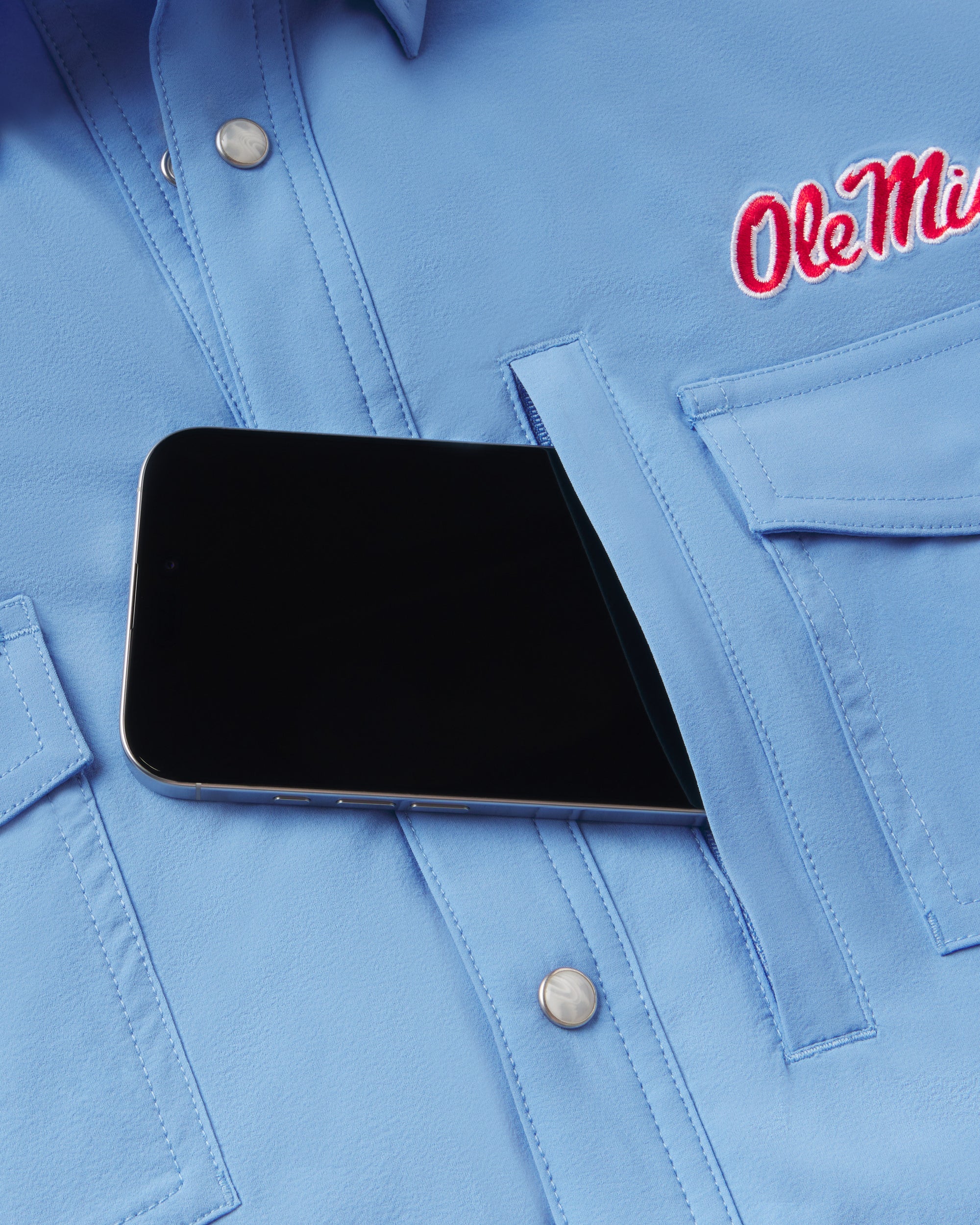 Tailgater Pearl Snap Button Down Short Sleeve Shirt - Powder Blue