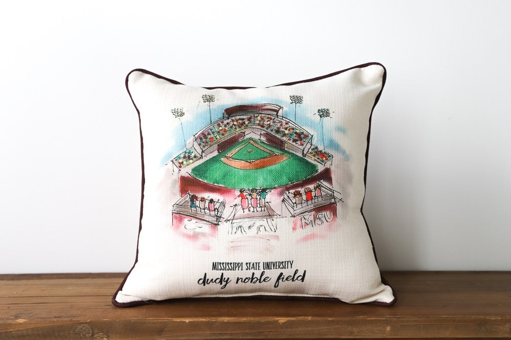 Little Birdie Hand Sketched Dudy Noble Pillow with maroon piping