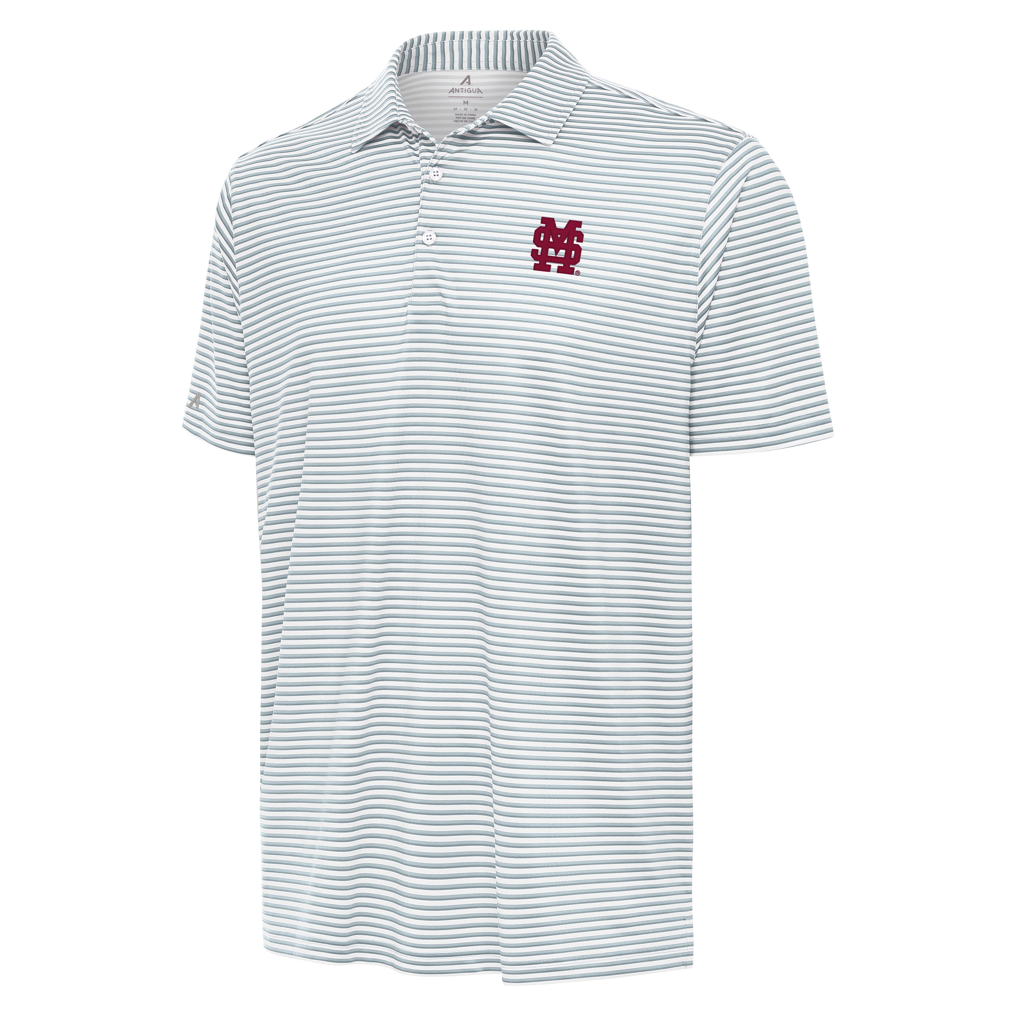 Antigua Mississippi State Skills Polo - White and Grey with Maroon M over S