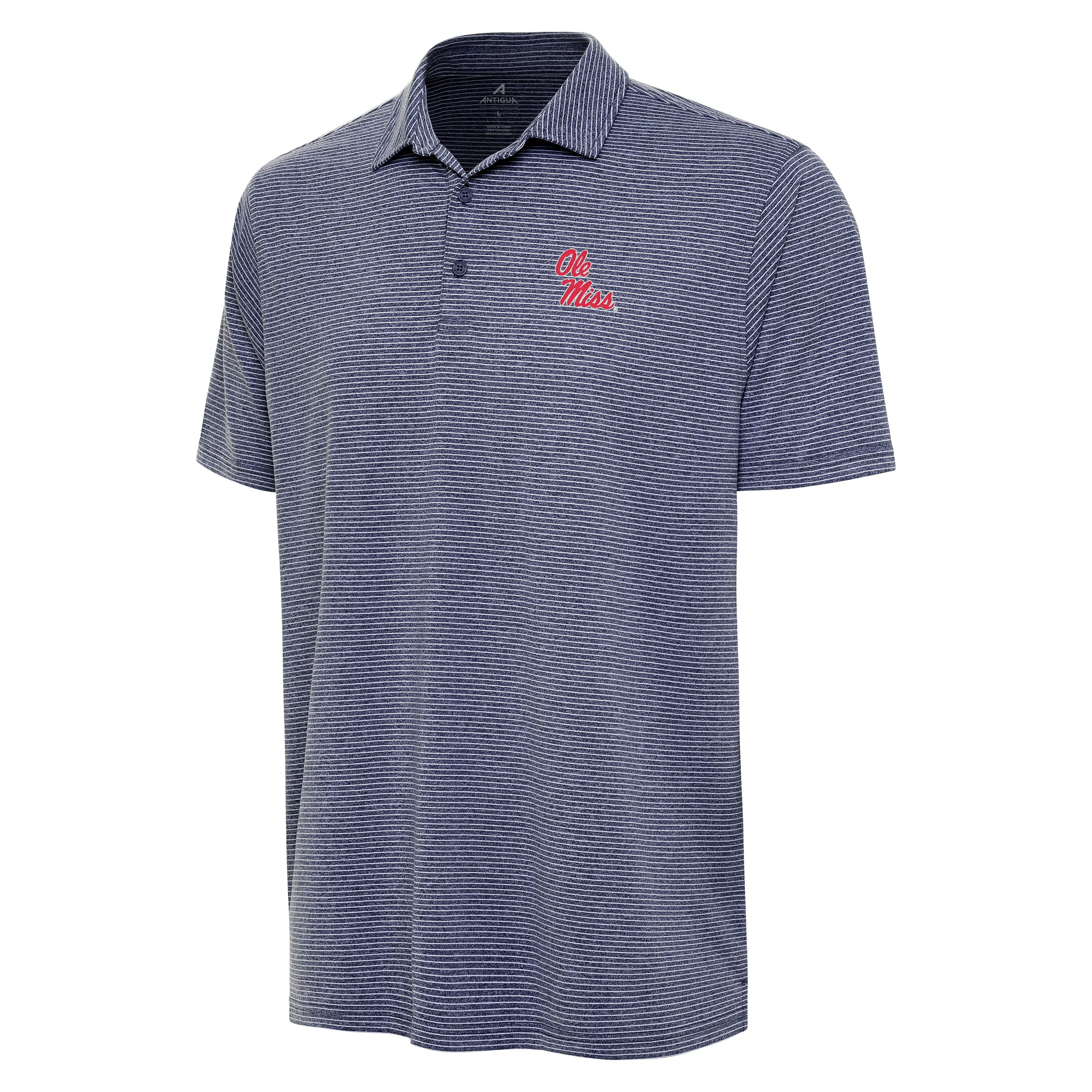Ole Miss Antigua Men’s Scheme Navy Striped Polo with Ole Miss Logo