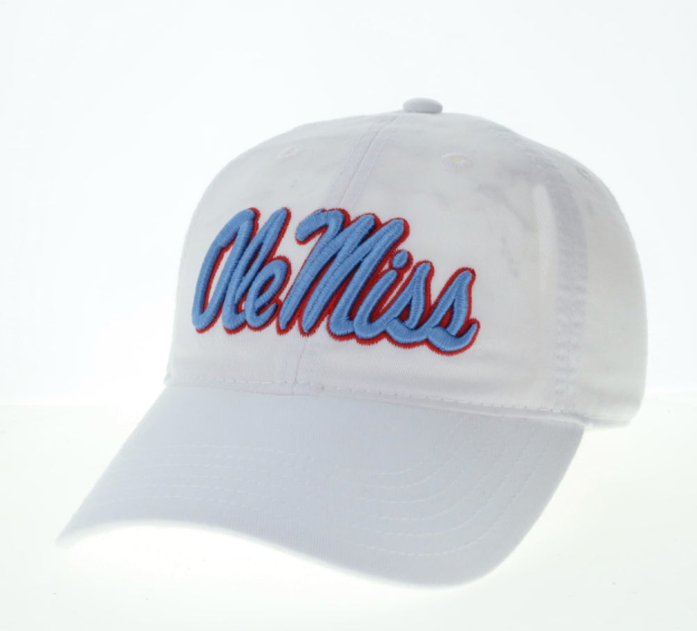 Legacy EZA White Ole Miss Hat with Powder Blue and Red Ole Miss Script