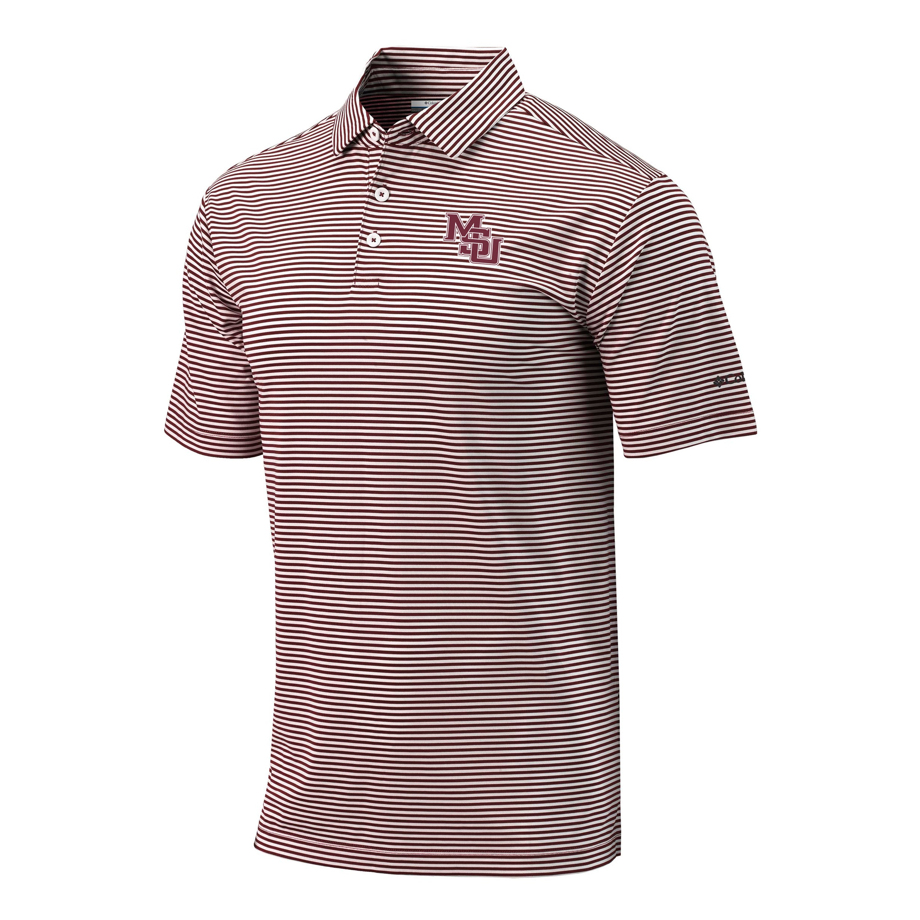 Mississippi State Omni Wick Club Invite Polo - Maroon and White Stripe with Interlocking MSU