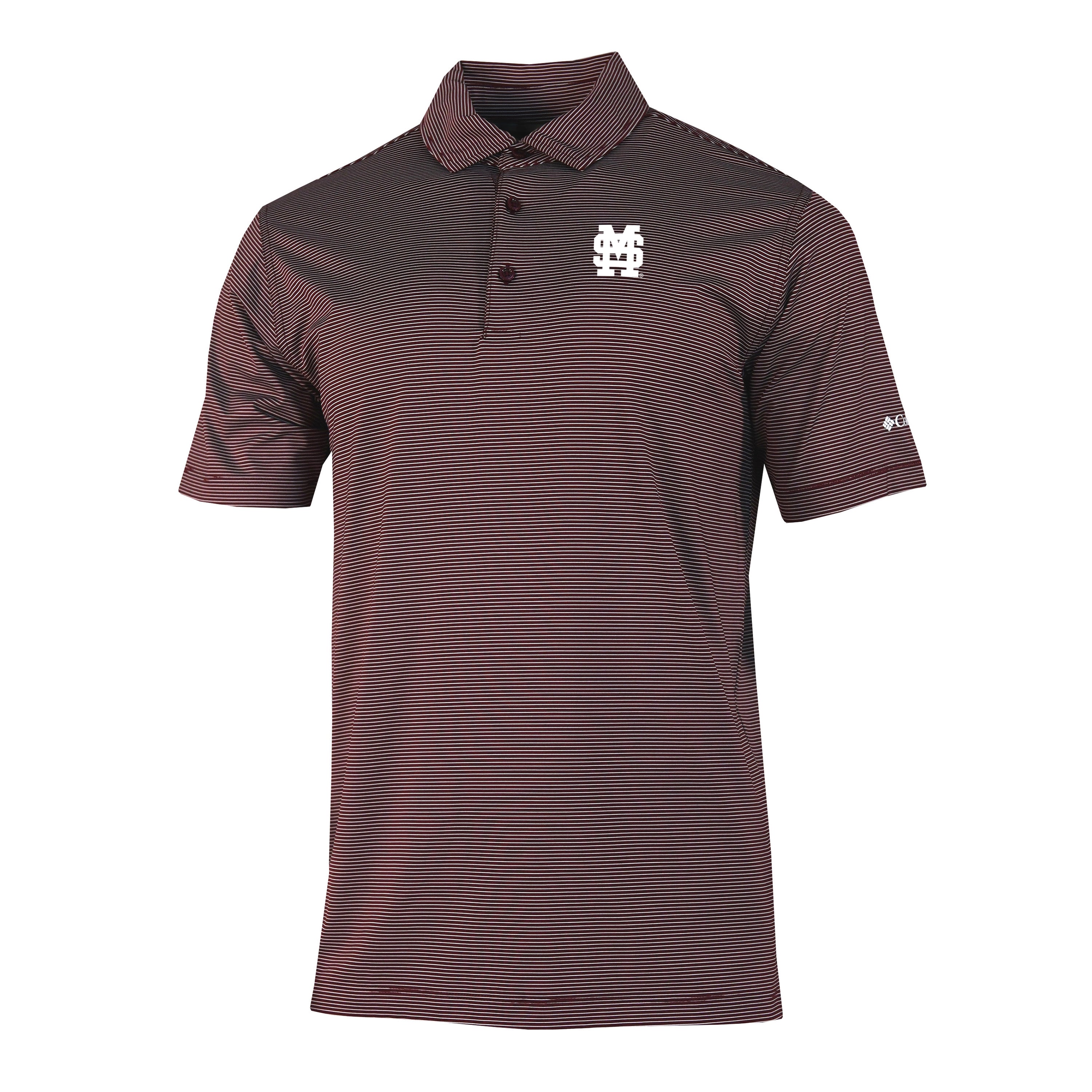 Columbia Mississippi State Maroon and White Stripe Double Hit Polo with M over S
