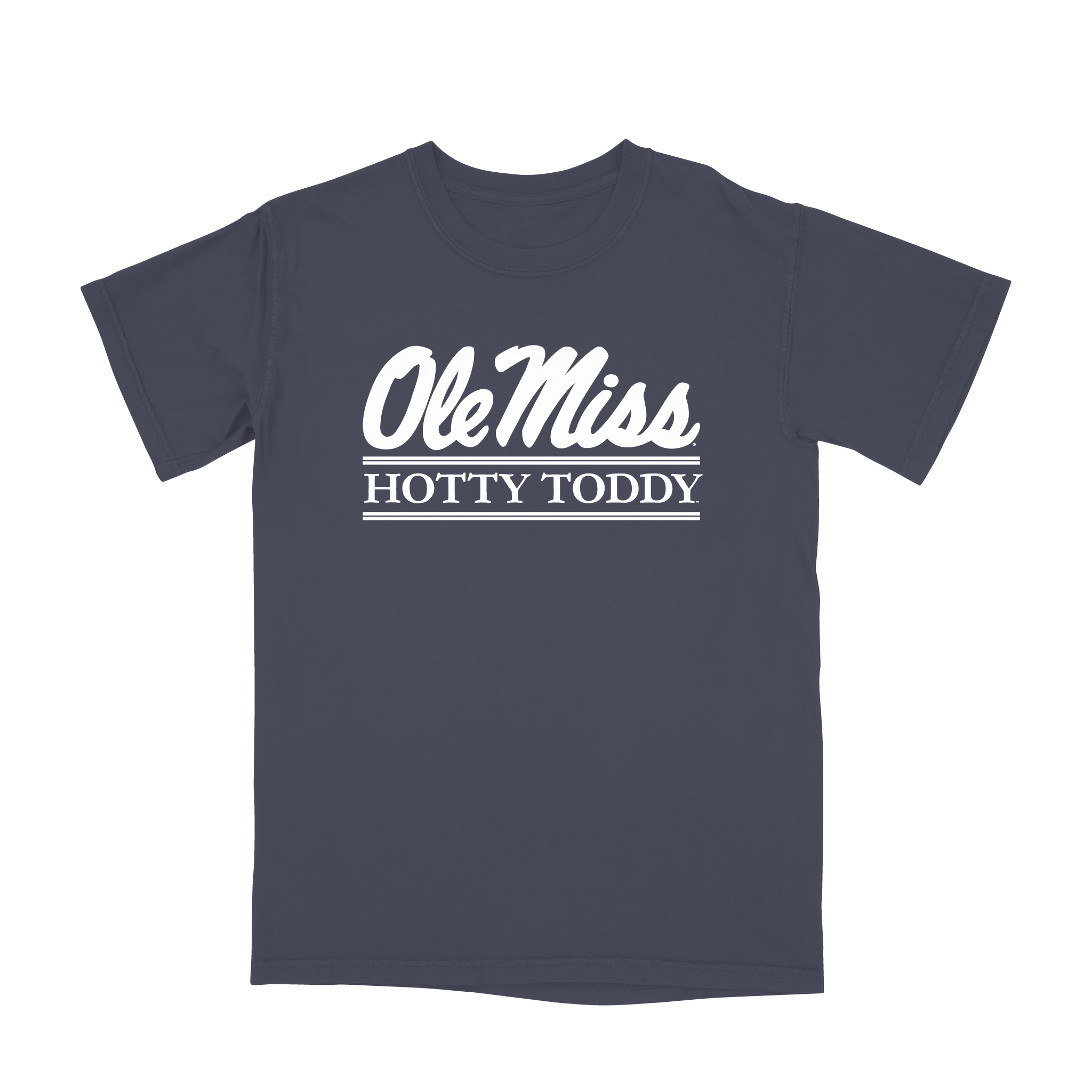 Comfort Color Navy Tee With Ole Miss Script Bar Design