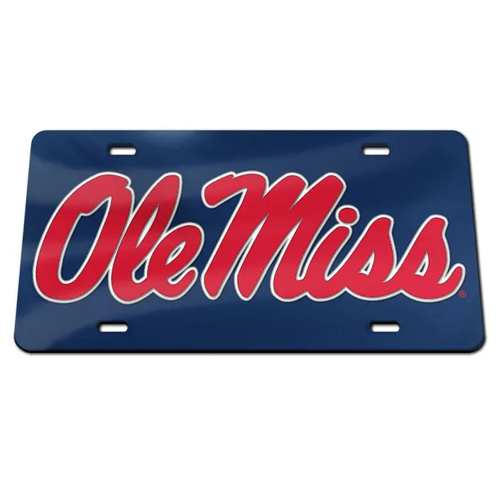 Ole Miss Mirrored Car Tag - Navy with Ole Miss Script