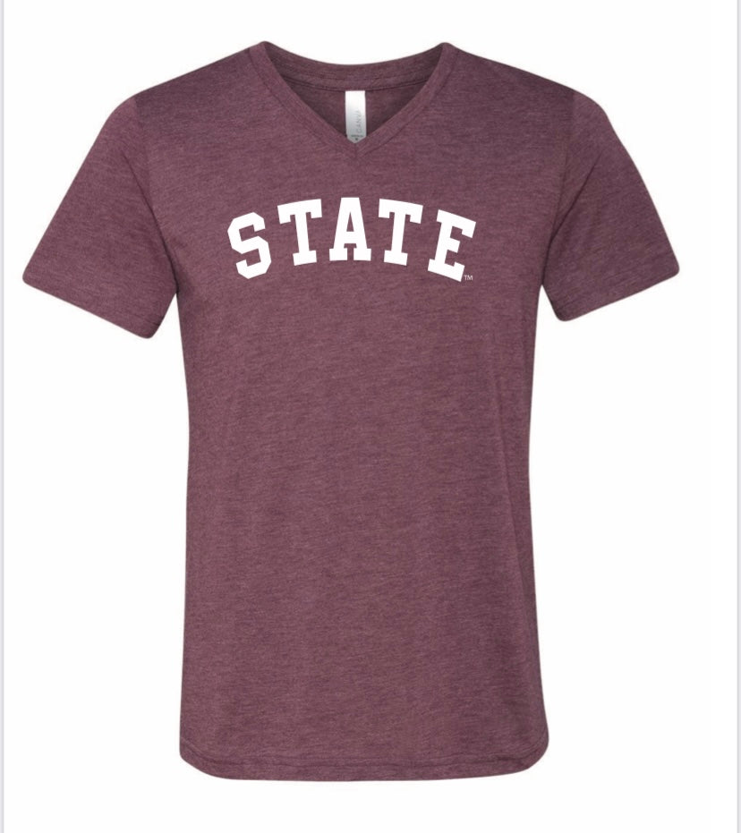 Bella Canvas Maroon V Neck STATE Tee