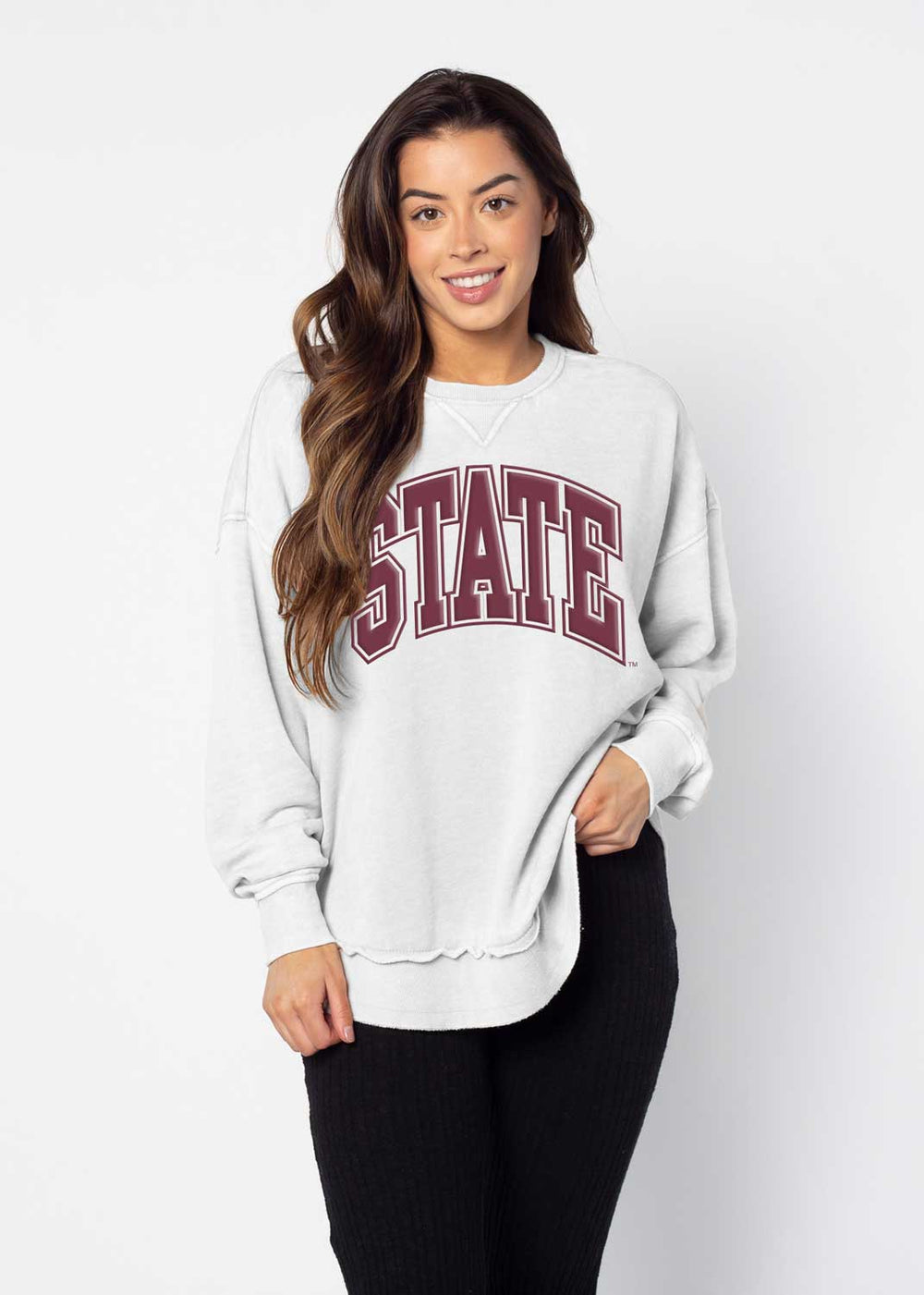 Chicka-d White Hi-Low Sweatshirt with State in Maroon