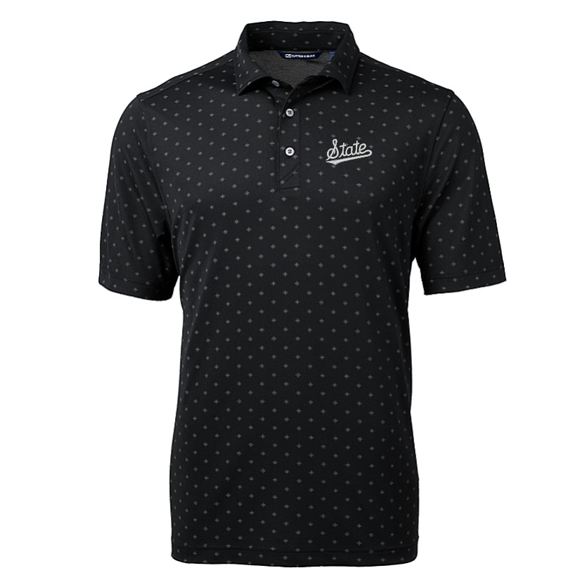 Mississippi State Cutter & Buck Virtue Pique Tile Print Black Polo