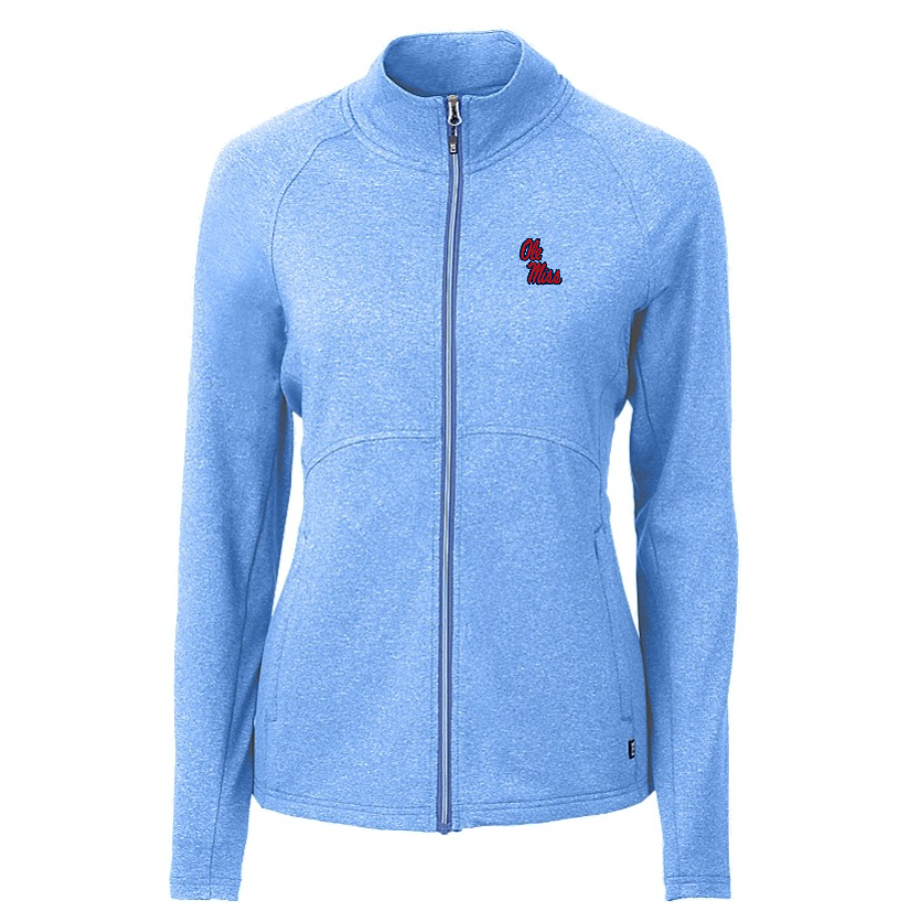 Ole Miss Cutter & Buck Ladies Adapt Heather Atlas Powder Blue Full Zip