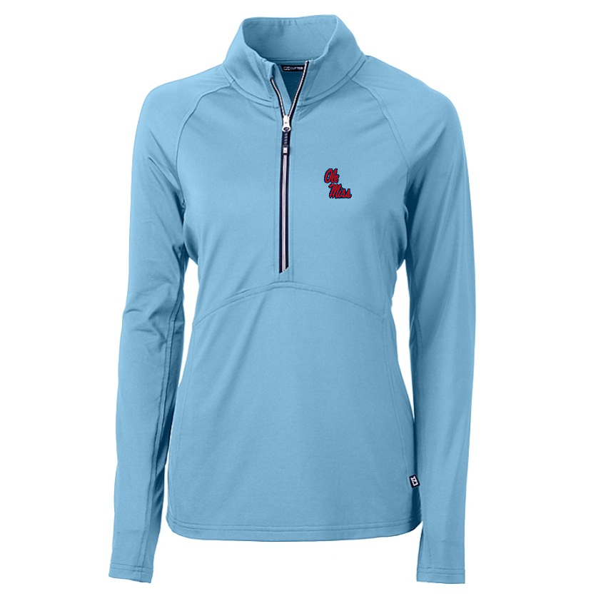 Ole Miss Cutter & Buck Ladies Adapt Eco Knit Stretch Atlas Powder Blue Half Zip