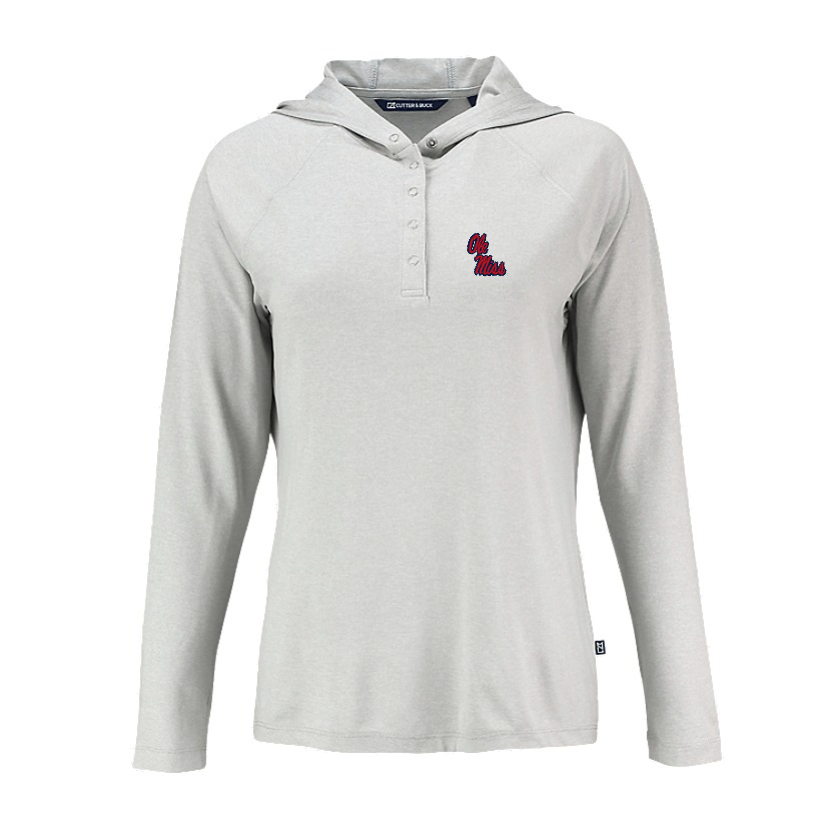 Ole Miss Cutter & Buck Ladies Coastline Concrete Grey Hooded Tee