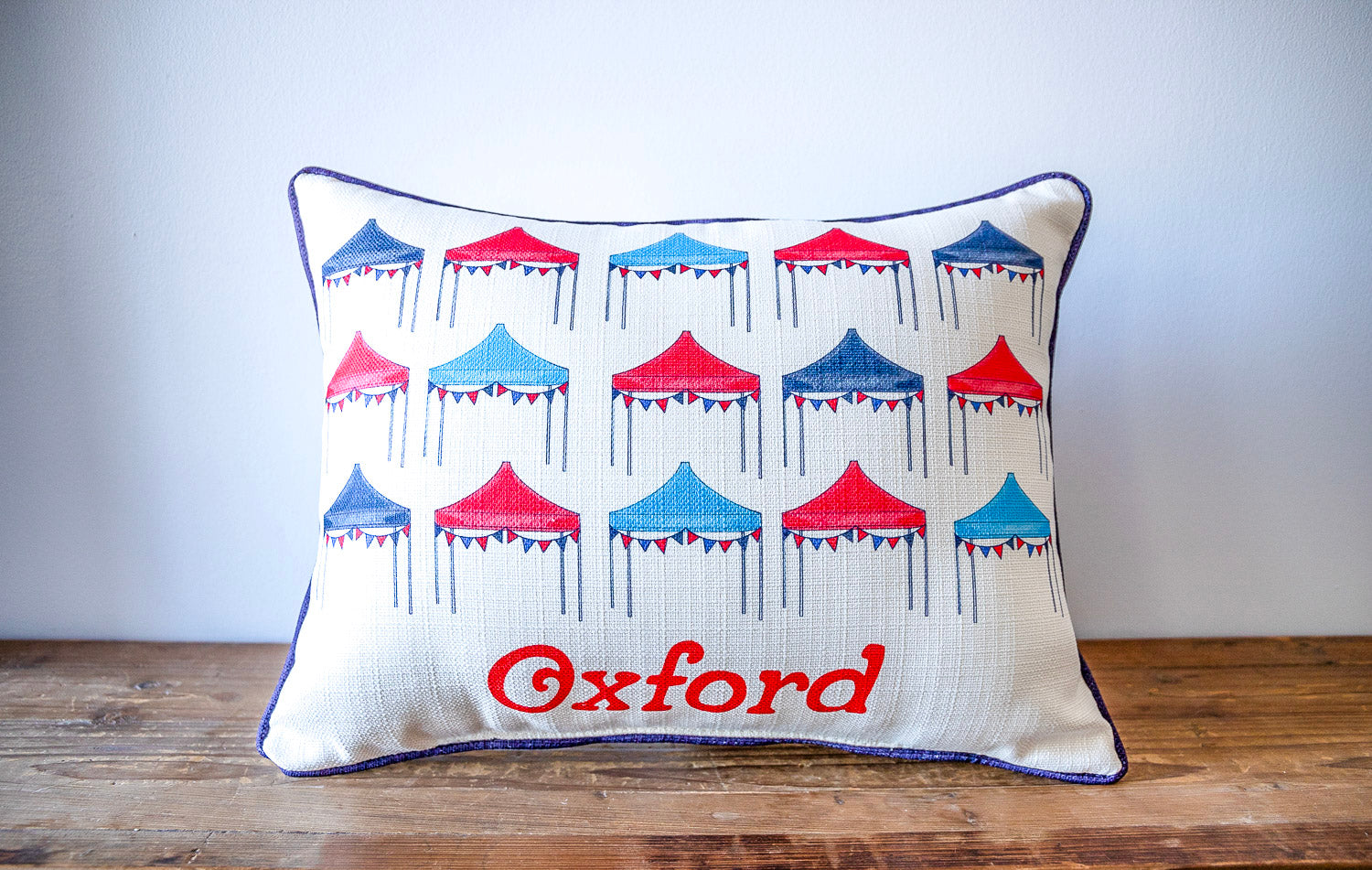 Little Birdie Ole Miss Hometown Tents Pillow with Navy Piping