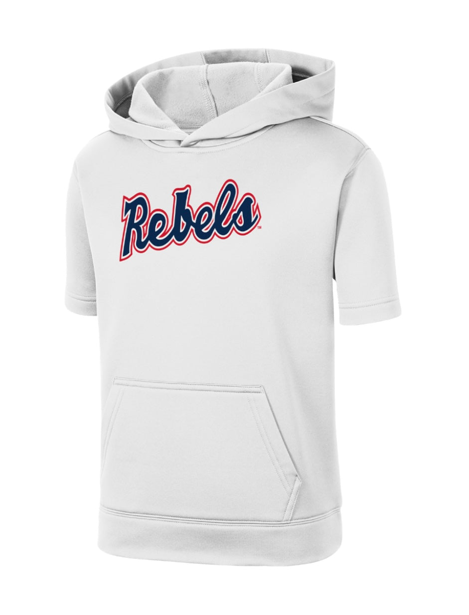 Ole Miss Youth Short Sleeve White Hoodie with Rebels Script