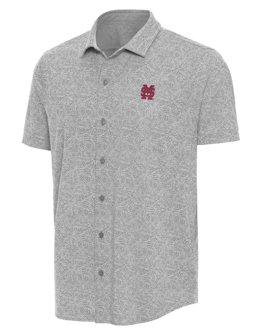 Antigua Mississippi State "Tentril" Full Button Shirt with M Over S