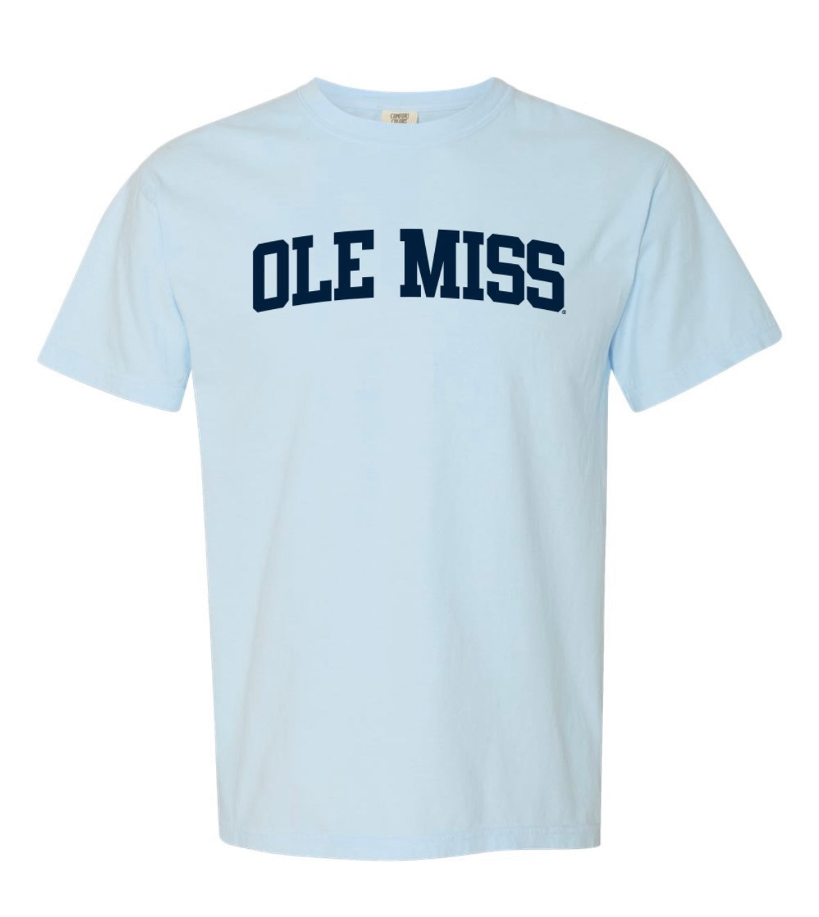 Comfort Color Powder Blue Tee with Ole Miss in Navy