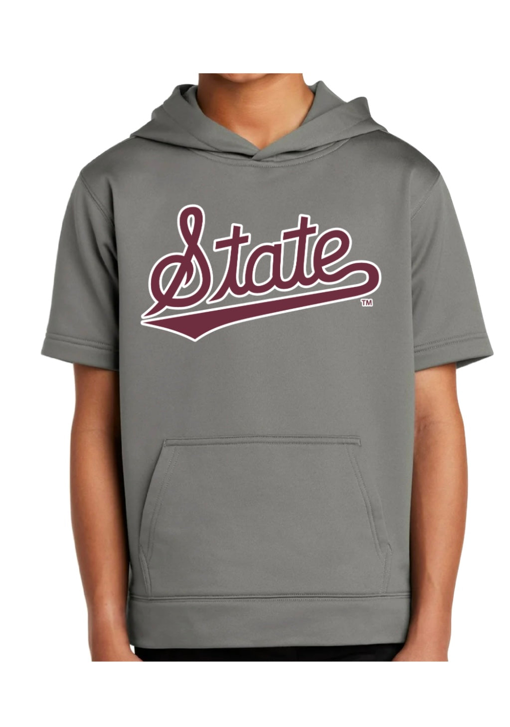 Mississippi State Youth Short Sleeve Hooded Pullover with State Script - Dark Smoke Grey