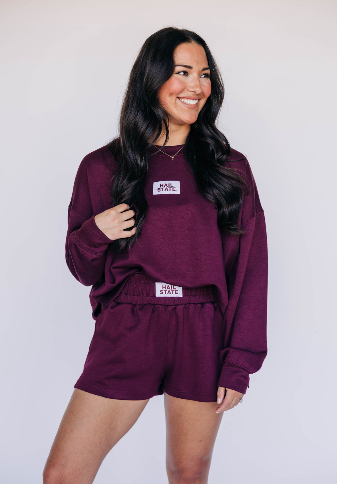 The Maroon Ava Airy Crewneck with Hail State Woven Patch